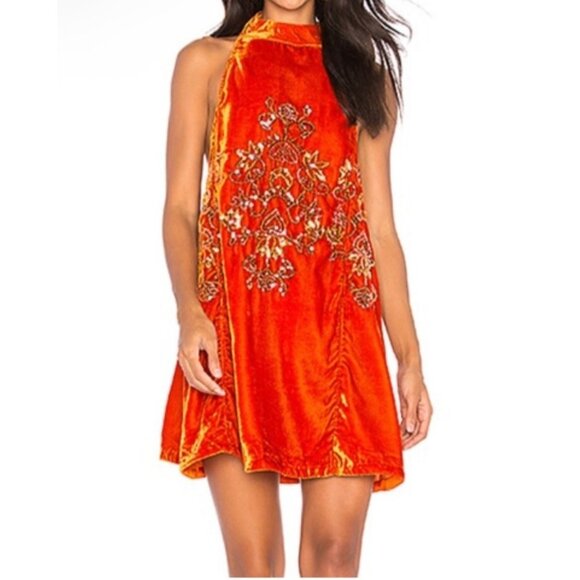 Free People Jill's Sequin Swing Velvet Halter Mini Dress Orange Sleeveless Large - Picture 1 of 16